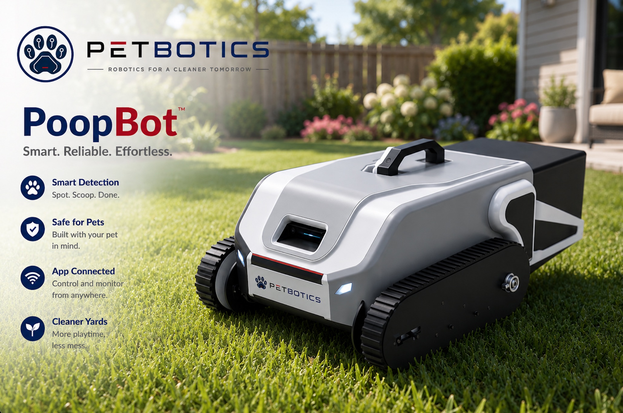 PoopBot, the PetBotics autonomous pet waste robot, on a backyard lawn